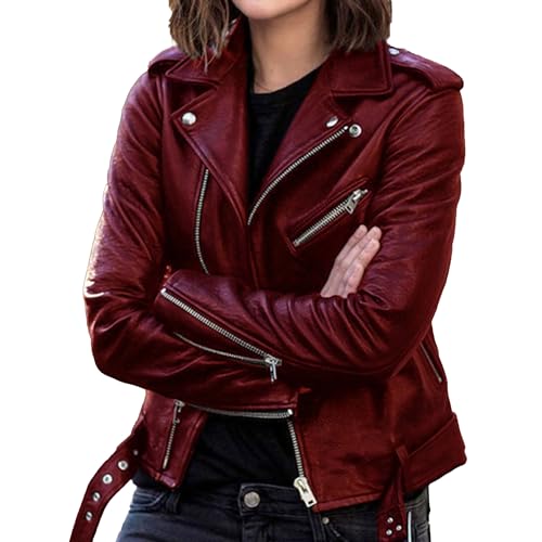 Silunma2021 Chaquetas casuales de cuero delgadas para mujer, color sólido, talla grande, abrigos cómodos con solapa elegante para exteriores (rojo, XXL)