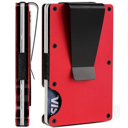 Image of Minimalist Carbon Fiber Wallet for Men, Money Clip Cash Strap Wallet, RFID Blocking Metal Wallet Aluminum Card Holder,Front Pocket Wallet(Matte Red)