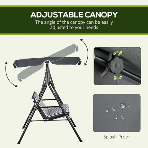 Outsunny 3 Seater Garden Swing Chair with Adjustable Tilting Canopy, Outdoor Hammock Bench with Steel Frame, Padded Seat for Patio Yard Outside, Grey and White - Image 2