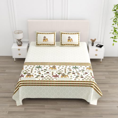 Image of 240 TC 100% Cotton Bedsheet for Double Bed King Size with 2 Pillow Covers | Breathable & Super Soft Rajasthani Sanganeri Jaipuri Printed Bed Sheet -100 * 108 Inches (Jaipuri Elephant 3)