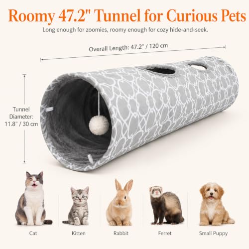 Image of Geometric Straight Cat Tunnel with Plush Inside,Cats Toys Collapsible Tunnel Tube with Balls, for Rabbits, Kittens, Ferrets,Puppy,Diameter 11.8 Inch
