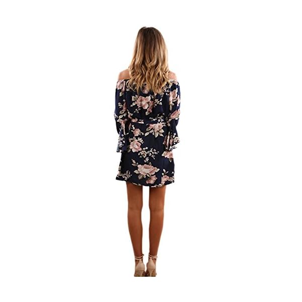 SVALIY Women Off Shoulder Ruffles Floral Tunic Casual Party Shift Short Dress (M, Navy)