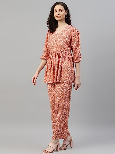 Image of DEEBACO Women's Floral Rayon Flared Tunic & Straight Pants Co-Ord Set for Women V-Neck & 3 /4 Puff Sleeve Ladies Party Casual Wear Fashionable for Girls Relaxed Fit Cord Set (Orange)