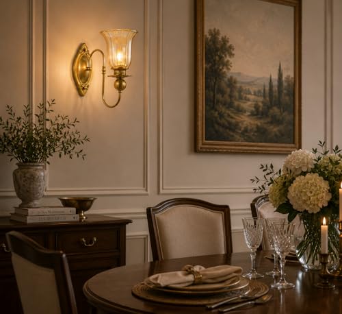 Image of Italian Wall Lamp, Antique Gold Finish, Single Light Wall Lamp with Champagne Glass with Filament Bulb