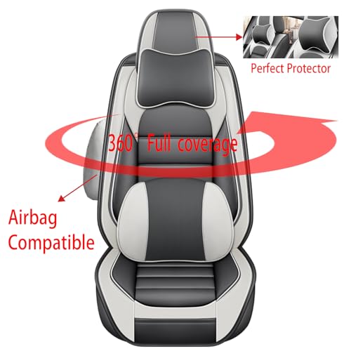 Image of Fit for Sedan SUV Pick-up Truck,Automotive,Ice Slik Nappa Leather Car Seat Covers,Waterproof Durability Washable Seat Covers,5 Seat Complete Set Luxury Car Seat Cover(Gray & White)