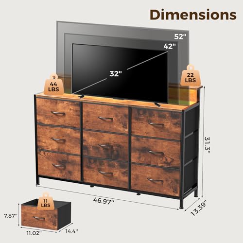 Image of NEWBULIG Wooden Top Media Console for 32-52 inch Dresser TV Stand with 9 Fabric Drawers & Open Shelves, Entertainment Center with LED Lights & Charging Station for Bedroom, Rustic Brown