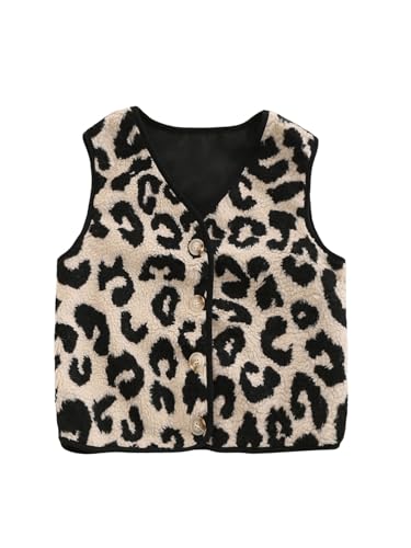 MakeMeChic Women's Leopard Print Fleece Sweater Vest Button Down Vests Sleeveless Warm Sherpa Jacket