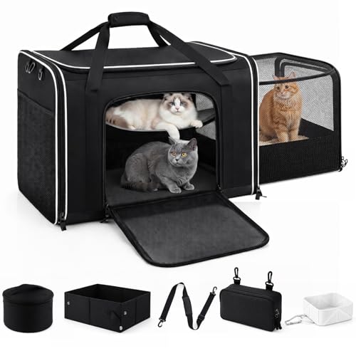 Image of Extra Large Cat Carrier with Built-in Litter Box for Car Travel & Road Trips, Expands to 36 inchx17 inchx17 inch, Soft-sided Foldable Travel Crate for 1-2 Large Cats, Multi-entry, Ventilated Mesh, Seat Belt Ready
