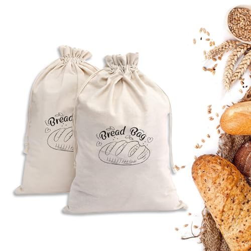 Pcmursal 2 Pieces Linen Bread Bags for Homemade Bread, 12 x 16 Inch Reusable Sourdough Bread Bag for Bakery Baguette Picnic Wedding Wrapping Camping