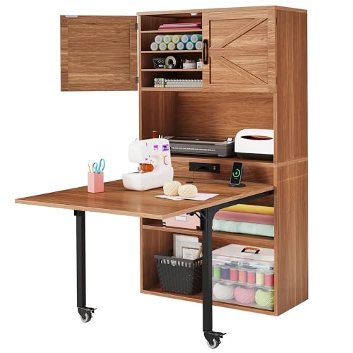 DWVO Sewing Craft Table with Storage, Craft Armoire with Fold-Out Table and USB Power Outlets, Large Capacity Sewing Cabinet with Adjustable Shelves for Home or Studio