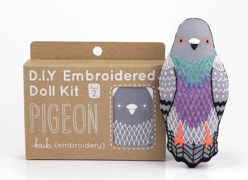 Kiriki Press DIY Embroidery Doll Kit - Skill Level 2 - Beginner to Advanced for Adults Teens (3 Levels) | Animal Embroidery Kit - Screen Printed Pattern (Pigeon)
