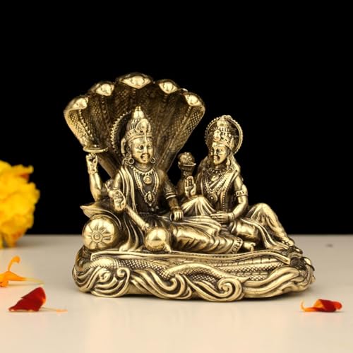 Image of INDICAST 3 inch Brass Lord Vishnu Laxmi Idol on Sheshnag | Hindu God Statue for Home Temple Pooja Room & Spiritual Dcor (Weight- 160gm)