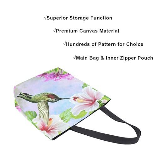Image of Bird Canvas Tote Grocery Bag Shoulder Casual Book Bag Large for Women Teachers, Hummingbird Floral Cotton Bag Shopping Purse Handbag Reusable Multipurpose Use