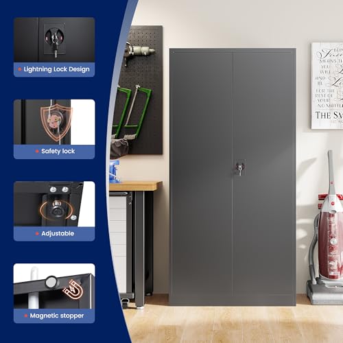 Image of Yizosh Metal Garage Storage Cabinet with Lock, 71 inch Locking Tool Cabinet with 2 Doors and 4 Shelves, Tall Steel Cabinet for Garage, Heavy Duty File Cabinet for Office, School (Black)