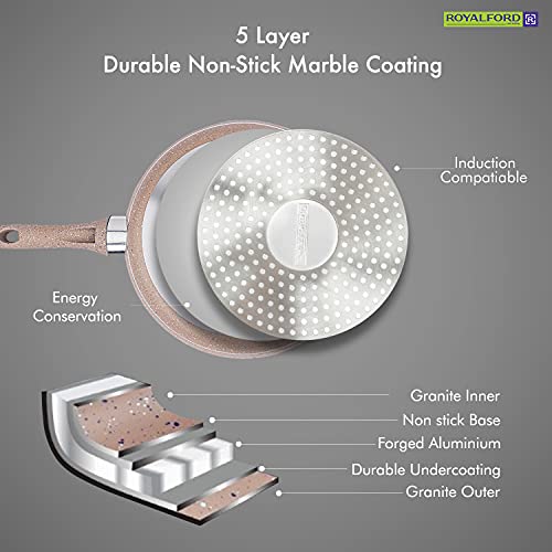 مقلاة سمارت 20 سم من رويال فورد، مقلاة من 5 طبقات من الجرانيت غير اللاصق، متوافقة مع مواقد متعددة، مقبض مقاوم للحرارة مع حلقة تعليق، مثالية للقلي والطبخ والقلي والمزيد، بيج، Rf9461Bge، 20 سم