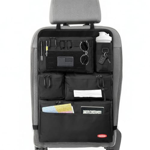 Vanlutone Tactical Seat Back Organizer - Heavy Duty MOLLE Panel Organizer with Multiple Pockets & Hook Loop Panel for EDC Gear, Road Trip Essentials, Universal Fit for Car SUV Truck Jeep Ford(Black)​