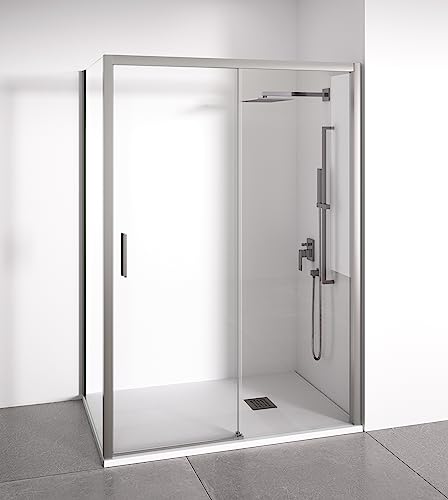Mampara de ducha angular 1 corredera + 2 fijos - sin perfilería inferior - Cristal transparente templado 6mm - Plata Brillo - Ancho adaptable 135-140 x 67-70cm - Posición puerta izquierda - Alto 195cm