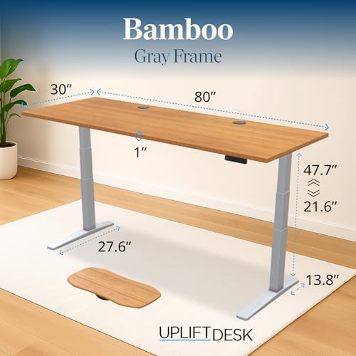 Image of UPLIFTDESK Bamboo (80 x 30 inch) Standing Desk 2-Leg V3 Adjustable Stand Up C-Frame (Gray), Advanced Keypad, Wire Grommets, Wire Tray, Rocker Board