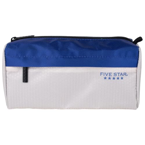 Image of Five Star Pencil Pouch 9-Pocket Zipper Storage Organizer Case for Office Supplies Earbuds Chargers Cables Makeup, Tan /Blue (505600C)
