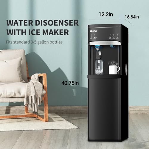 Image of Self Cleaning 4-in-1 Hot /Cold /Room Water Cooler Dispenser with Ice Maker, Bottom Load, Bullet Ice 22 lbs Daily Capacity, Ice Full Alert Black
