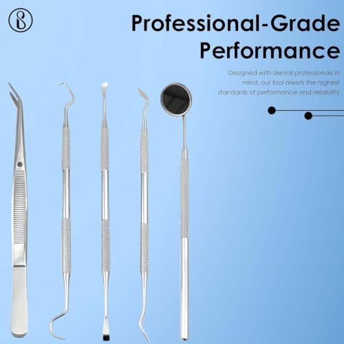 Image of Beaute Secrets Dental Tools, Dental Pick Set 5Pcs Tooth Scraper Dental Hygiene Kit, Stainless Steel Teeth Cleaning Kit with Metal Case for Plaque Tartar Removal for Personal & Pets Use