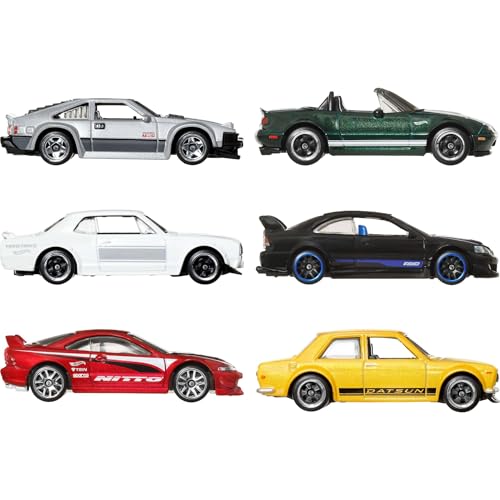 Hot Wheels 1:64 Scale, Set of 6 (82 Toyota Supra, 91 Mazda, Nissan Skyline, Honda Civic SI, Custom 01 Acura, 71 Datsun 510) Japanese Vehicles with Elevated Deco Die-Cast Toy Cars