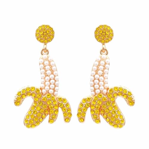 Banana Fruit Pearl Earrings Gold Plated Funny Yellow Bananas Summer Tropical Fruits Sparkly Colorful Rhinestone Cubic Zirconia Beaded Dangle Drop Earrings for Beach Holiday Birthday Party Jewelry Gifts