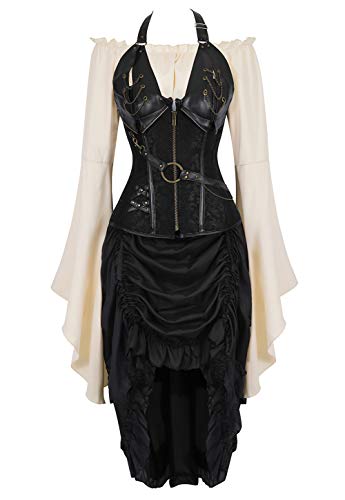 Grebrafan Steampunk Leather Corset Halter Bustier With Skirt And Pirate Blouse (Us(16-18) 4Xl, Black) #TOP14