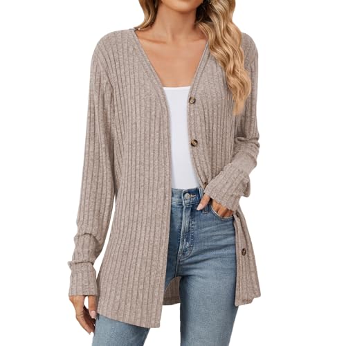 Image of Ladies Cardigans Ribbed Knit Longline Cardigans for Women UK Lightweight Jumpers Jackets V Neck Button Up Coatigans Long Sleeve Sweaters Casual Soft Knitwear Loose Tops Clothes Khaki