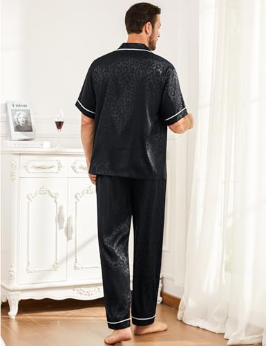 Image of SWOMOG Mens Silk Pajamas Set Satin Pj Set Short Sleeve Sleepwear Button Down Lounge Set with Drawstring & Pockets S-3XL