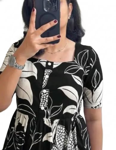 Image of Women's Rayon A-Line Midi Dress, Floral Print, Short Sleeves, Round Neck, Tiered Design