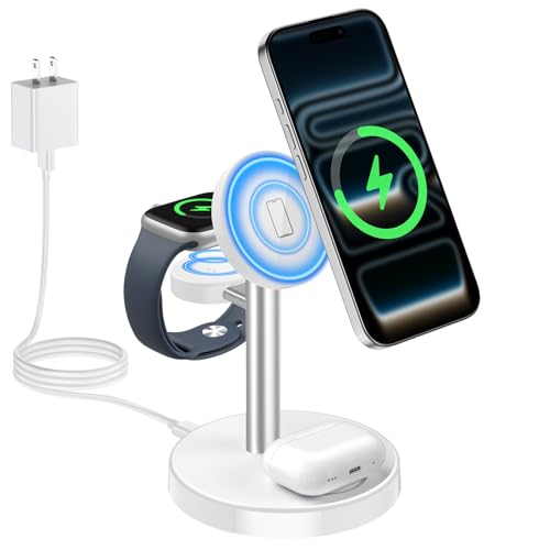 Image of Aeinidi 2026 3 in 1 Wireless Charging Station Compatible with MagSafe Charger Stand, 15W Fast Magnetic Mag-Safe Charger for iPhone 17 16 15 14 13 12 Series Apple iWatch AirPods Pro 4 3 2