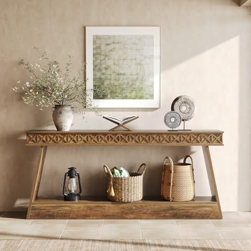 LITTLE TREE 70.87' Long Farmhouse Console Table, 2-Tier Shelf Narrow Accent Entryway Sofa Table for...