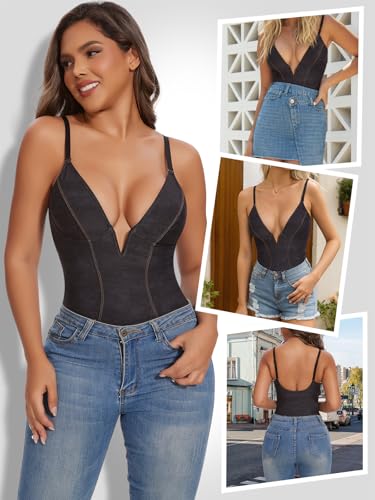 Image of SHAPERIN Bodysuit for Women Shapewear Tummy Control Deep V Neck Plunge Sleeveless Backless Thong Body Suit Tank Top