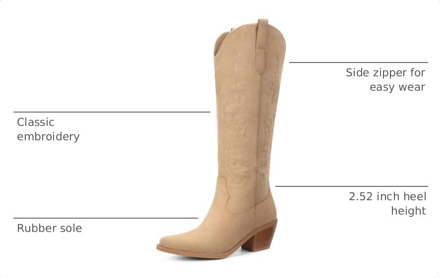 Western Cowboy Boots for Women - Knee High Wide Calf Cowgirl Boots, Slip On Pointed Toe Chunky Heel Fashion Retro Classic Pull On Tall Boot for ladies Party concert thumbnail