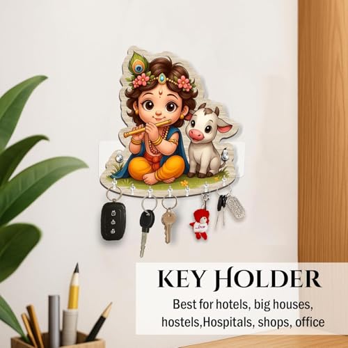 Image of CAPIO ART Bal Krishna Key Holder for Wall | Wooden Key Stand with Hooks | Home Decor Key Organizer for Easy Key Management & Aesthetic Entryway Display