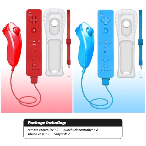 Image of HZIME Replacement Remote Controller Compatible for Wii & Wii U, Built-in 2 in 1 Motion Plus with Silicon Case and Nunchuck (2 Pack Blue & Red)