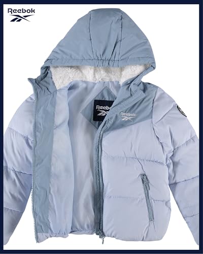 Image of Reebok Girls Heavyweight Poly Taffeta Puffer Jacket with Sherpa Hood | Insulated Quilting Locks in Warmth, Zip-Up Closure, Secure Pockets for Gloves, Cozy Protection for Cold-Weather Play