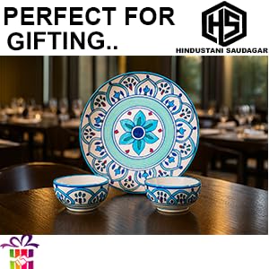Image of HS HINDUSTANI SAUDAGAR Peacock Feather Motif Ceramic Plate and Bowl dinnerware Sets Plates for Dinner Pasta Breakfast & katori Dinner Set Ideal Dining Table Kitchen Design for Daily use and Gifting.