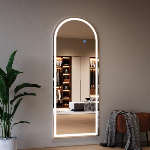 Image of Koonmi Arched LED Full Length Mirror 26 inch x 65 inch Wall Mounted /Standing Full Body Mirror with Dimmable & 3 Color Lighting, Aluminum Alloy Frame, Tempered Glass, Safe to Use, for Bedroom /Cloakroom