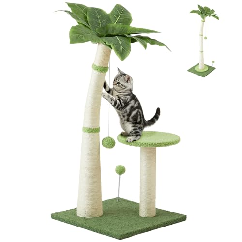 Cat Scratching Post - Natural Sisal Rope, 29 inch Scratching Post for Indoor Kittens & Small Cats, Height-Adjustable to 42.5 inch with Hanging & Spring Ball, Protect Furniture Cat Scratcher Post