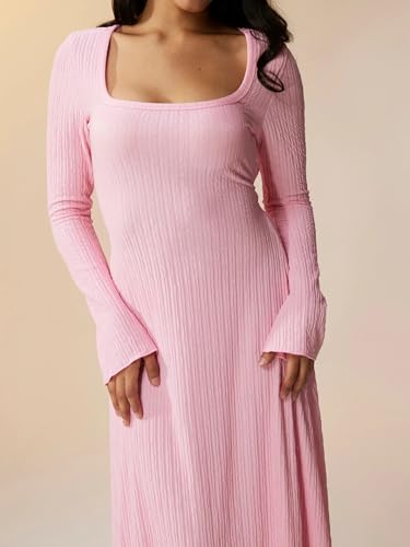 Image of Shasmi Women's Square Neck A-Line Dress - Long Sleeve, Tie Waist, Knitted Stretchable, Casual & Office Outfit, Solid Winter Midi Dress for Women (Dress 221)