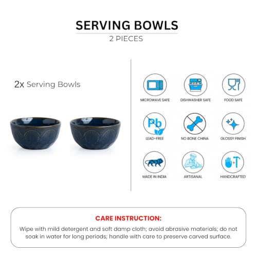 Image of ExclusiveLane 'Mandala Duo' Hand Glazed Ceramic Bowls for Serving Bowl Set (Set of 2, 440 ml, Microwave Safe, Dishwasher Safe, Blue) | Kitchen Bowl Ceramic Serving Bowls for Snacks Serveware