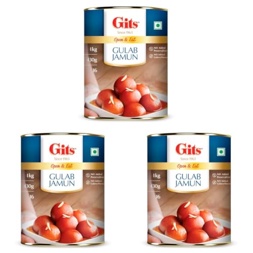 Image of Gits Open & Eat Gulab Jamun Tin, 16 Pieces per Can, Mouth-Watering Indian Mithai, 1Kg (Pack of 3)