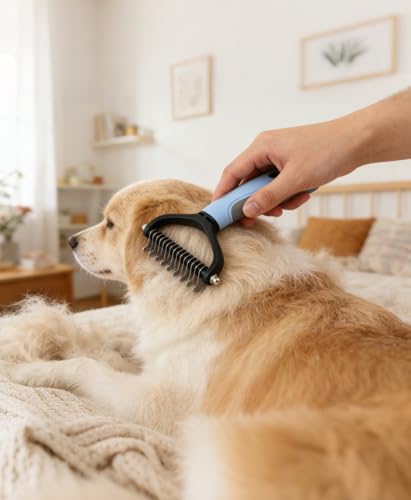 Image of Double Sided Dematting Comb for Dogs & Cats - 2-in-1 Undercoat Rake & Double Coat Dog Brush, Pet Grooming Tool for Removing Mats & Deshedding (Blue)