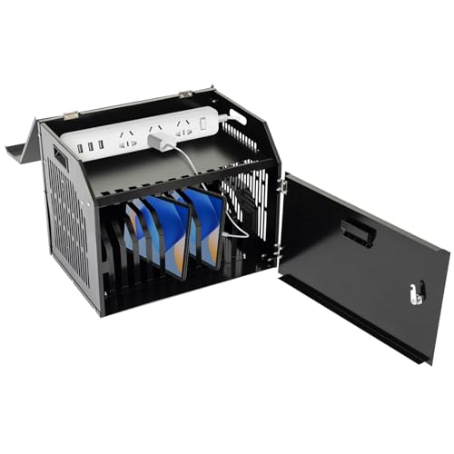 biosplot 12-Device Portable Charging Station with Lock for Tablets, iPads, Chromebooks, Locking Laptop Storage Box, Lockable Cabinet with Cable Management for Classroom, Office, Black, Iron