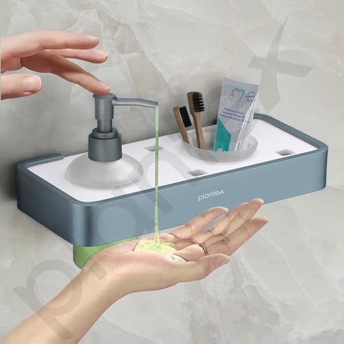Image of Plantex Aluminium and Acrylic 2 in 1 Shampoo Dispenser with Toothpaste Holder /Liquid Soap Dispenser with Tumbler Holder /Bathroom Accessories - (Grey and Milky White)