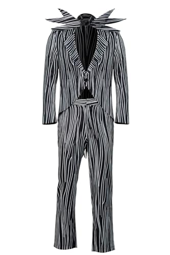 NUWIND Jack Skellington - Fato de Halloween para homem, fato às riscas com calças, morcego, laço para adultos, Halloween, cosplay, acessórios (L)