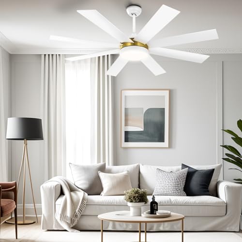 YITAHOME 60 Inch Ceiling Fan with Lights and Remote,8 Blades, App Control, Modern Smart Ceiling Fan Compatible with Alexa for Indoor, Reversible Quiet Motor, Memory Function, White & Gold