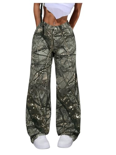 Floerns Women's Realtree Camo Print Jeans Low Waist Hunting Straight Leg Denim Pants